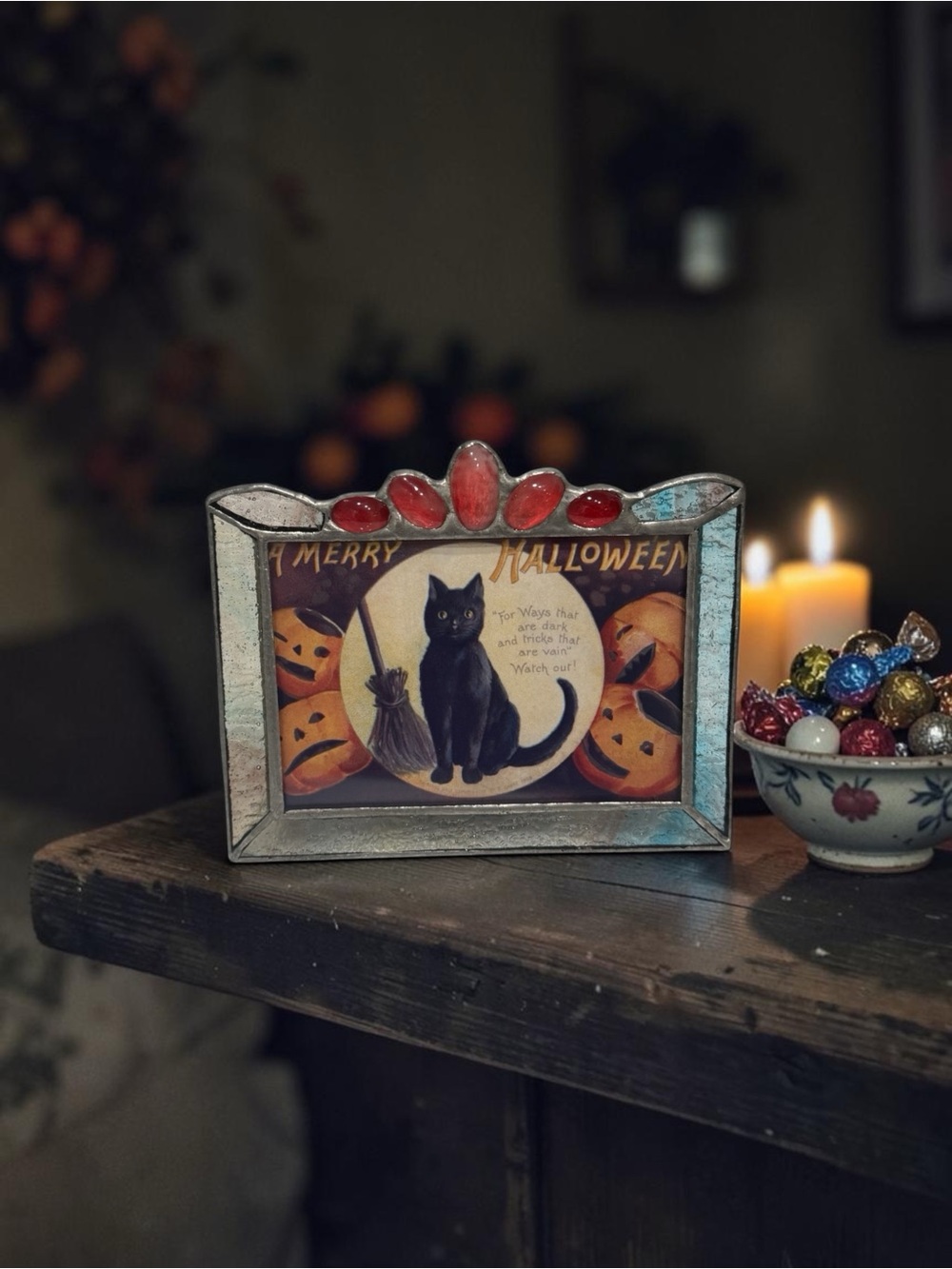 Vintage Stained Glass Frame with Red Accent Gems with Halloween print